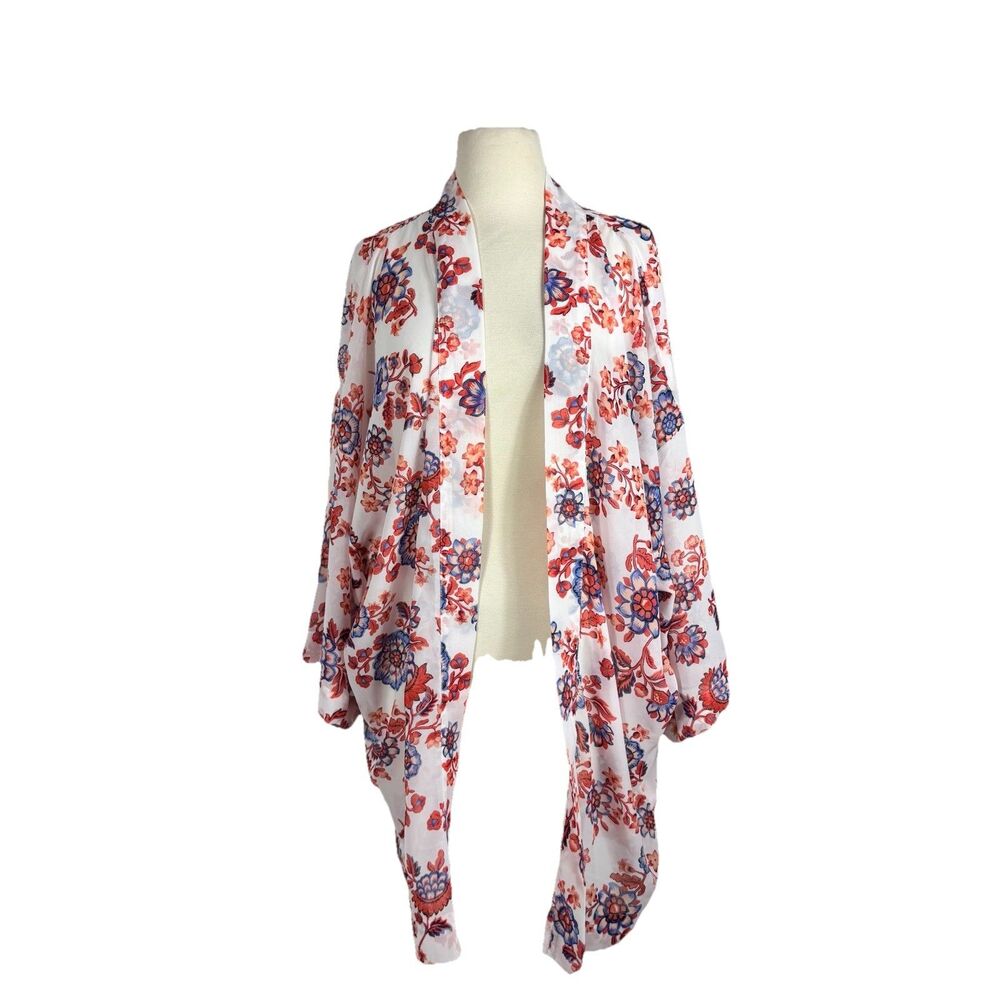 Ann Taylor White Blue Red  Floral Open Front Shawl Wrap Kimono Coverup New